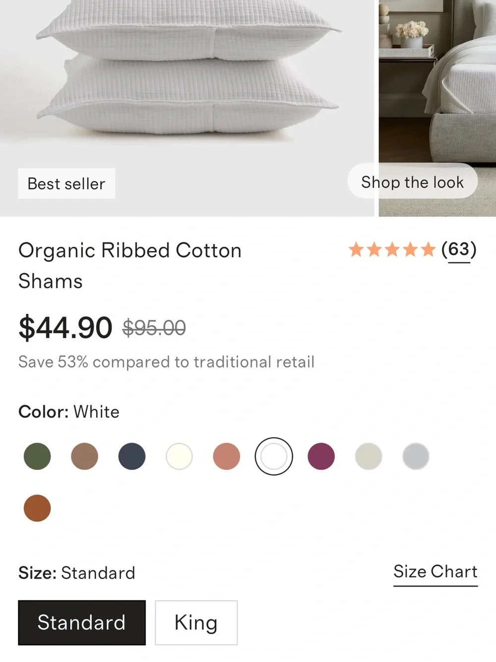 New Organic Cotton Ribbed White Standard Sham Set - Retail $45